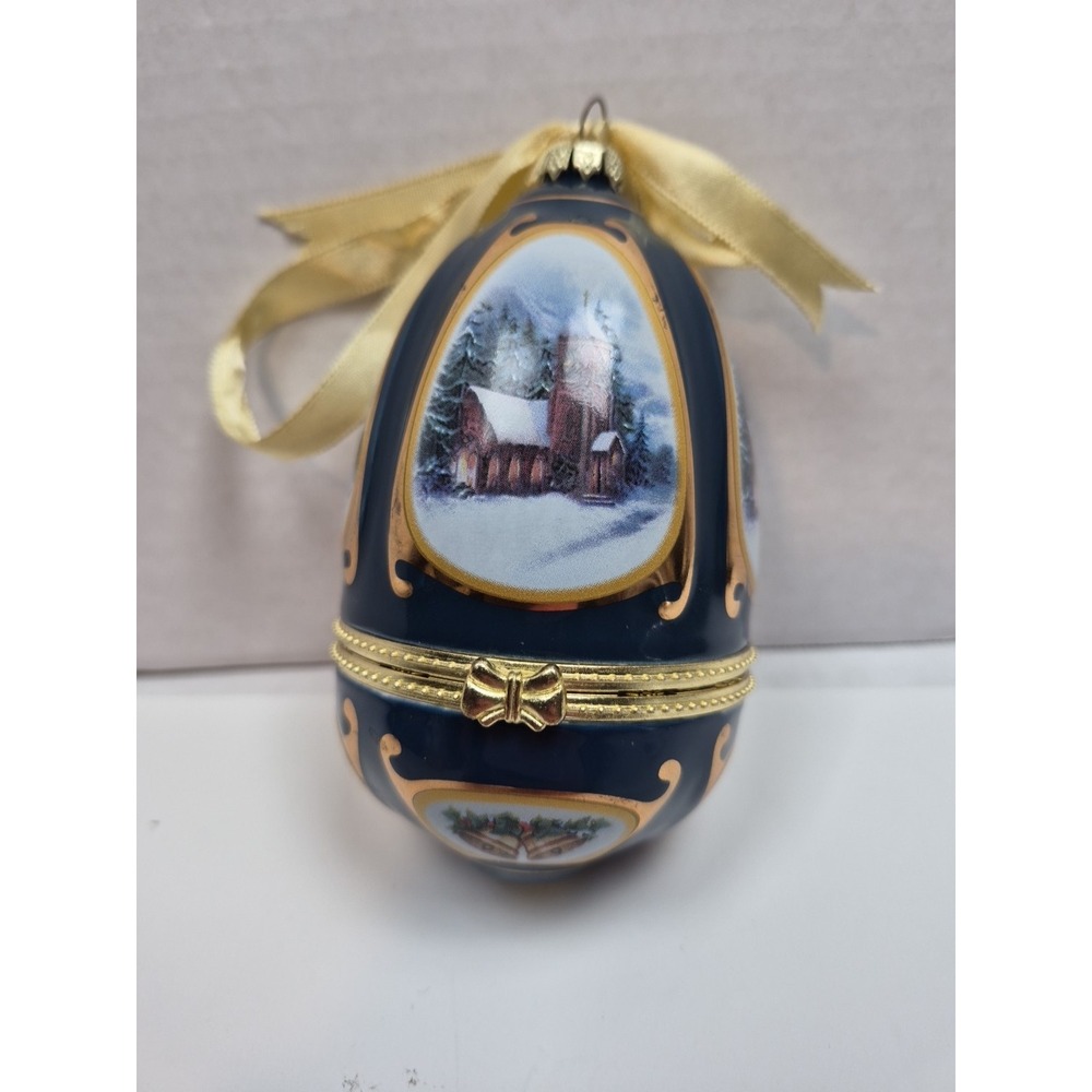 Arden Porcelain Hinged Egg Ornament Cobalt Blue Winter Village Scene Trinket Box - Picture 2 of 10